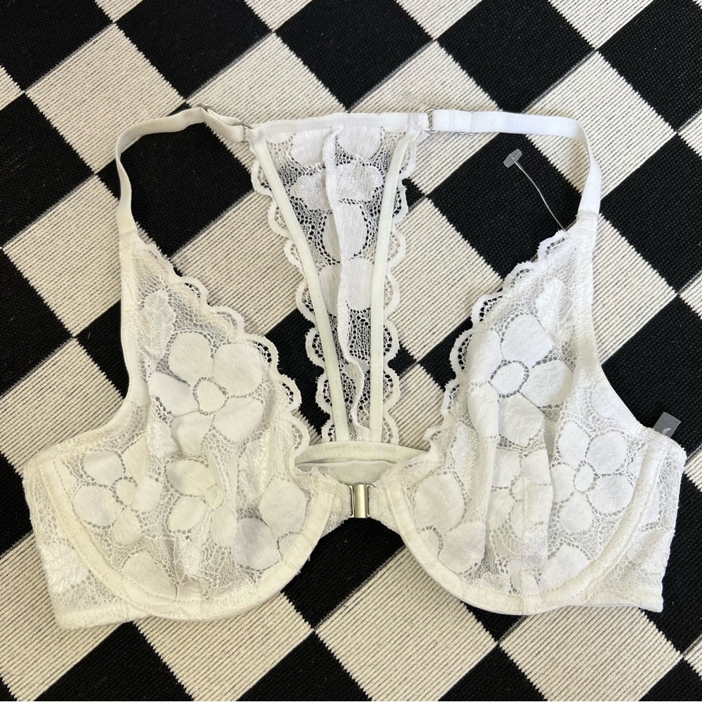 Aerie Happy Lace Unlined Underwire Front Clasp Lace Racerback Bralette White 32C